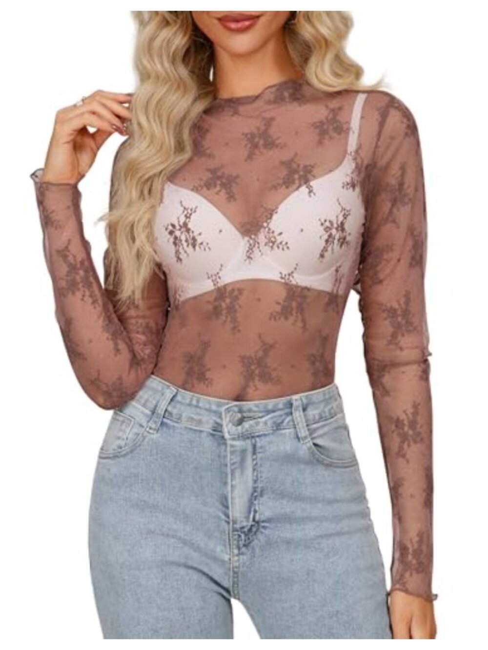 hellobaby Women's Mesh Sheer Long Sleeve Mock Neck Floral Lace Blouse Y2K